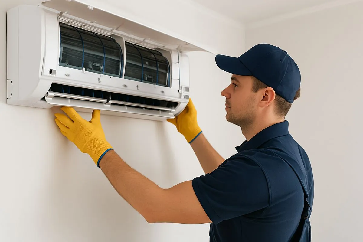 foto operatore installa climatizzatore
